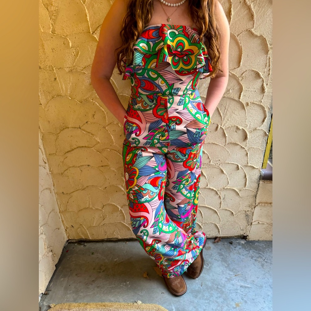 Favori strapless ruffle top romper - amazing colorful pattern - 1980s Vintage